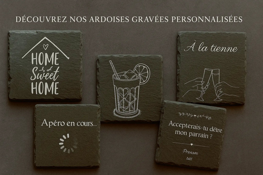 annière promotionnelle présentant cinq ardoises gravées personnalisées. Chaque ardoise en pierre naturelle est illustrée d’un motif ou d’un message