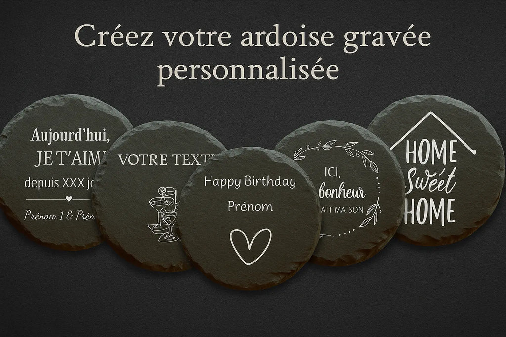 Bannière présentant cinq ardoises rondes gravées personnalisées. Chaque ardoise affiche un message unique :