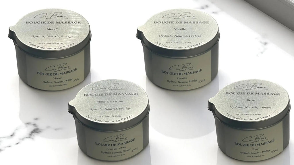 Bougies de massage CocoBen’s 100 % naturelles et bio : hydratantes, nourrissantes et protectrices, aux parfums délicats de Monoï, Vanille, Fleur de coton et Rose.