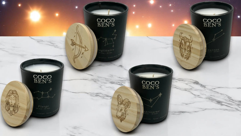 Bougies astrologiques uniques Coco Ben’s : chaque signe du zodiaque a sa bougie parfumée personnalisée. Offrez-vous un parfum qui célèbre votre personnalité et votre signe.
