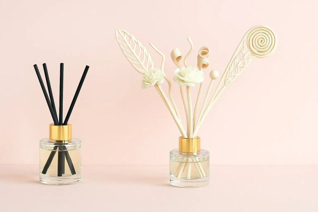 Deux diffuseurs de parfum à tiges, présentés sur des socles roses dans un décor pastel élégant. À gauche, un diffuseur classique avec tiges noires ; à droite, un diffuseur décoratif avec tiges en rotin sculptées et fleurs blanches.