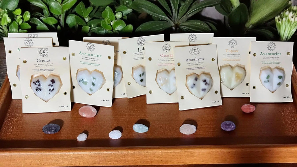 Fondants de lithothérapie CocoBen’s : fondants parfumés artisanaux avec cristaux naturels, pour une ambiance apaisante et énergétique, parfaits pour la diffusion en intérieur.