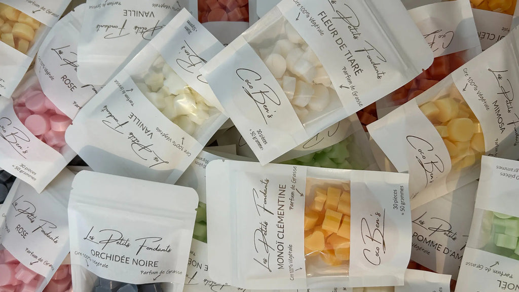 Petits fondants parfumés CocoBen’s : cire 100 % végétale, parfums de Grasse, à utiliser dans les brûle-parfums pour diffuser des senteurs délicates et naturelles.