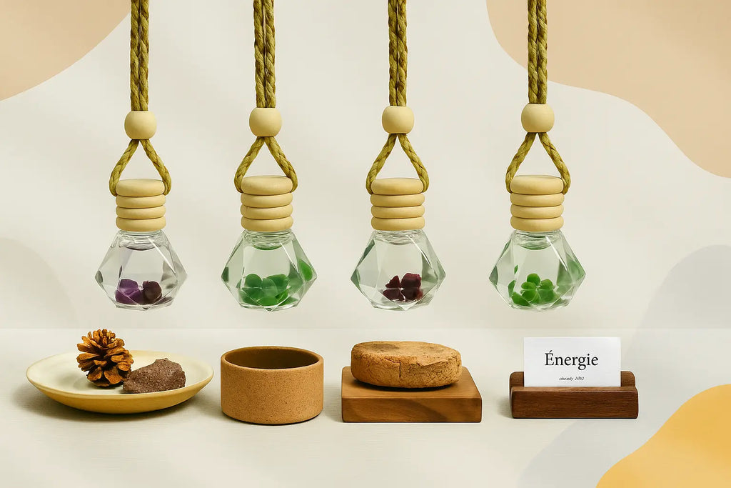 Quatre diffuseurs de voiture en forme de diamant, suspendus par une cordelette, contenant des pierres naturelles de lithothérapie. Présentés sur un fond clair avec supports en bois, dans un style épuré et naturel.